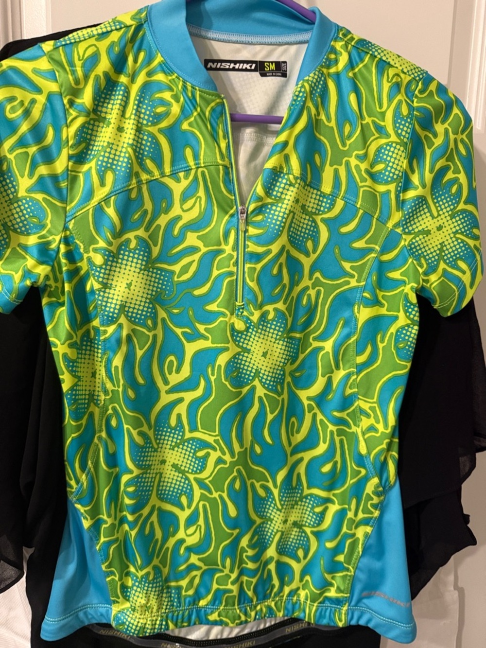 WOMENS S SMALL NISHIKI BIKE CYCLE CYCLING SHIRT  POCKETS TEAL LIME GREEN FLOWER